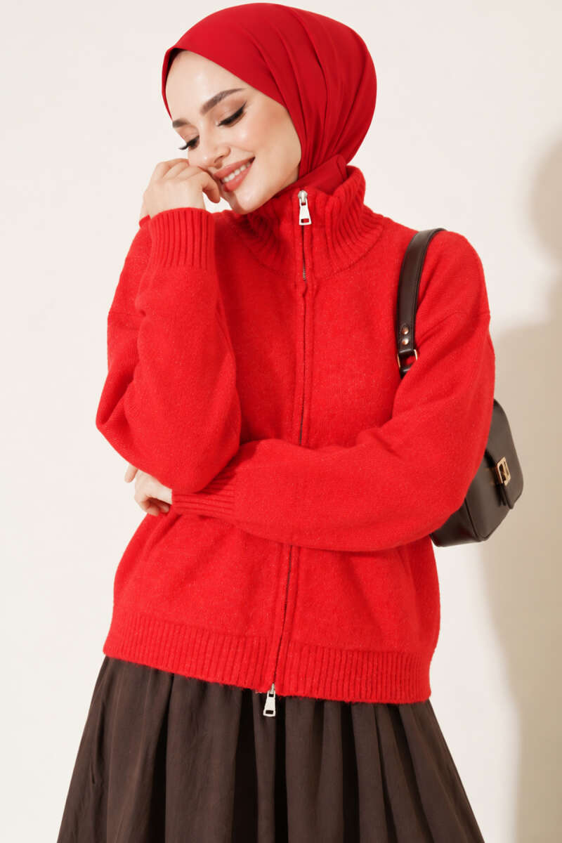 Stand-Collar Knit Cardigan with Double Zip - Red