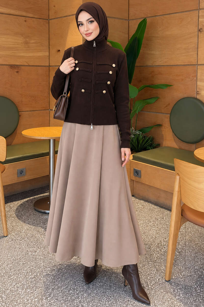 Knit Cardigan with Double Zip and Buttons - Brown