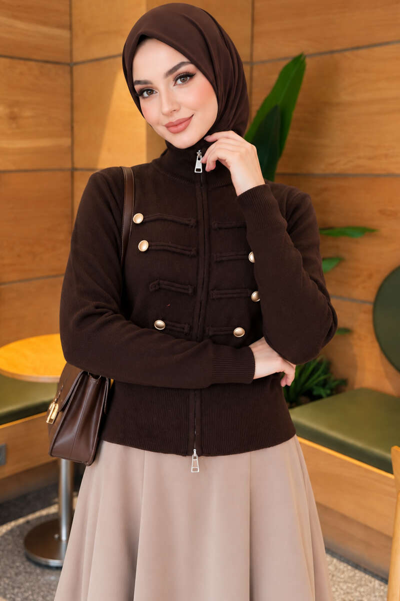 Knit Cardigan with Double Zip and Buttons - Brown