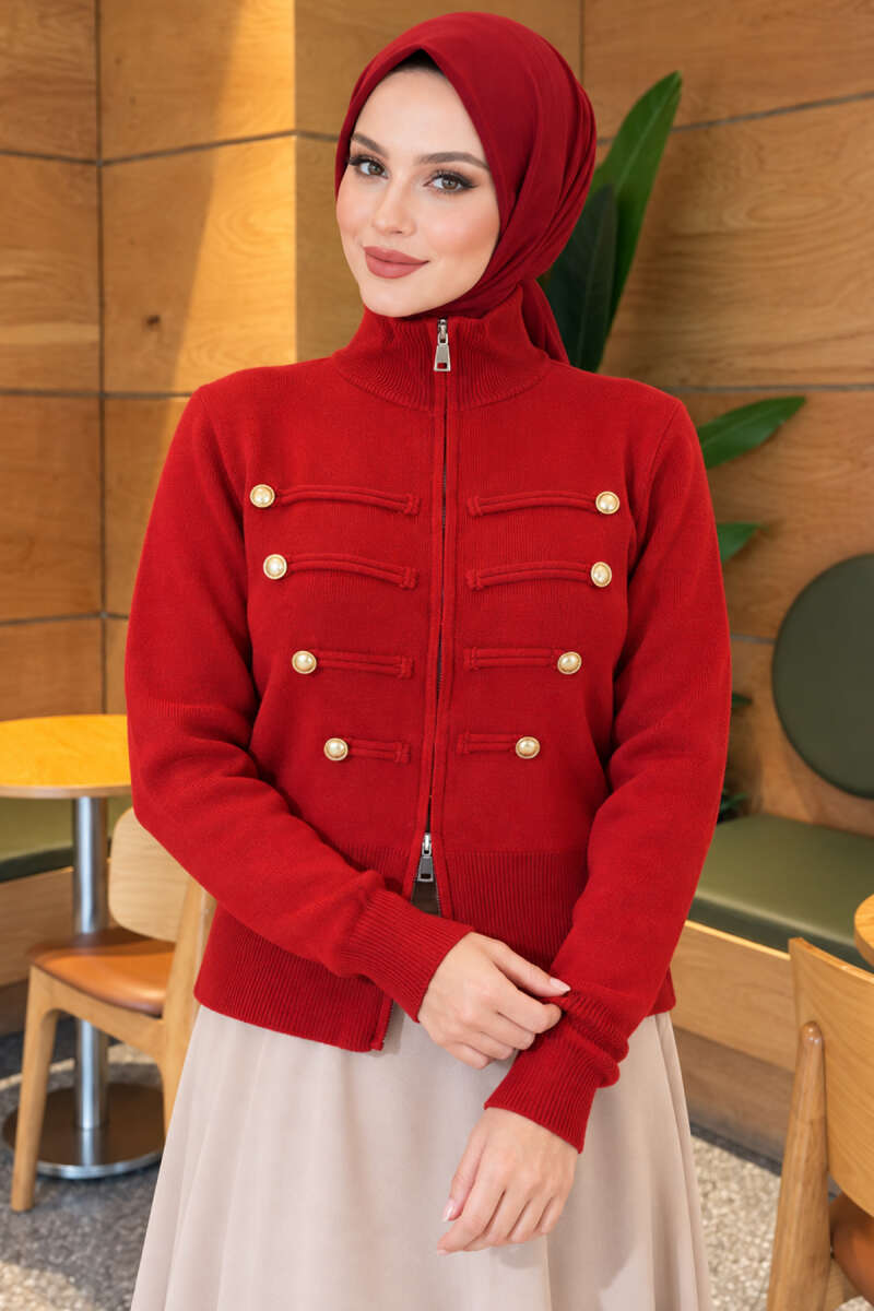 Knit Cardigan with Double Zip and Buttons - Red