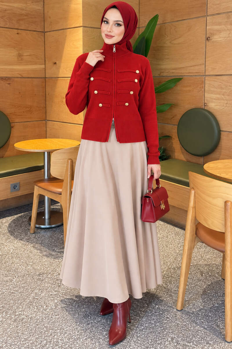 Knit Cardigan with Double Zip and Buttons - Red