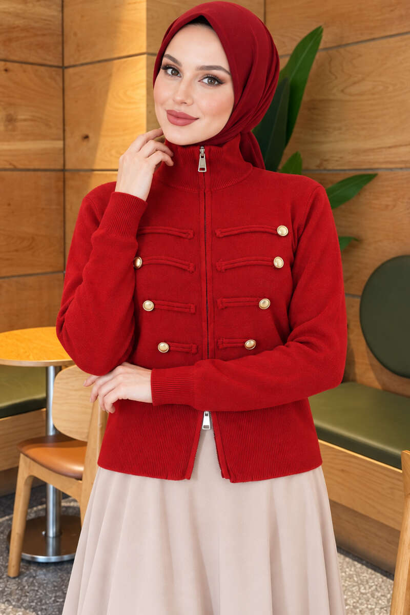 Knit Cardigan with Double Zip and Buttons - Red