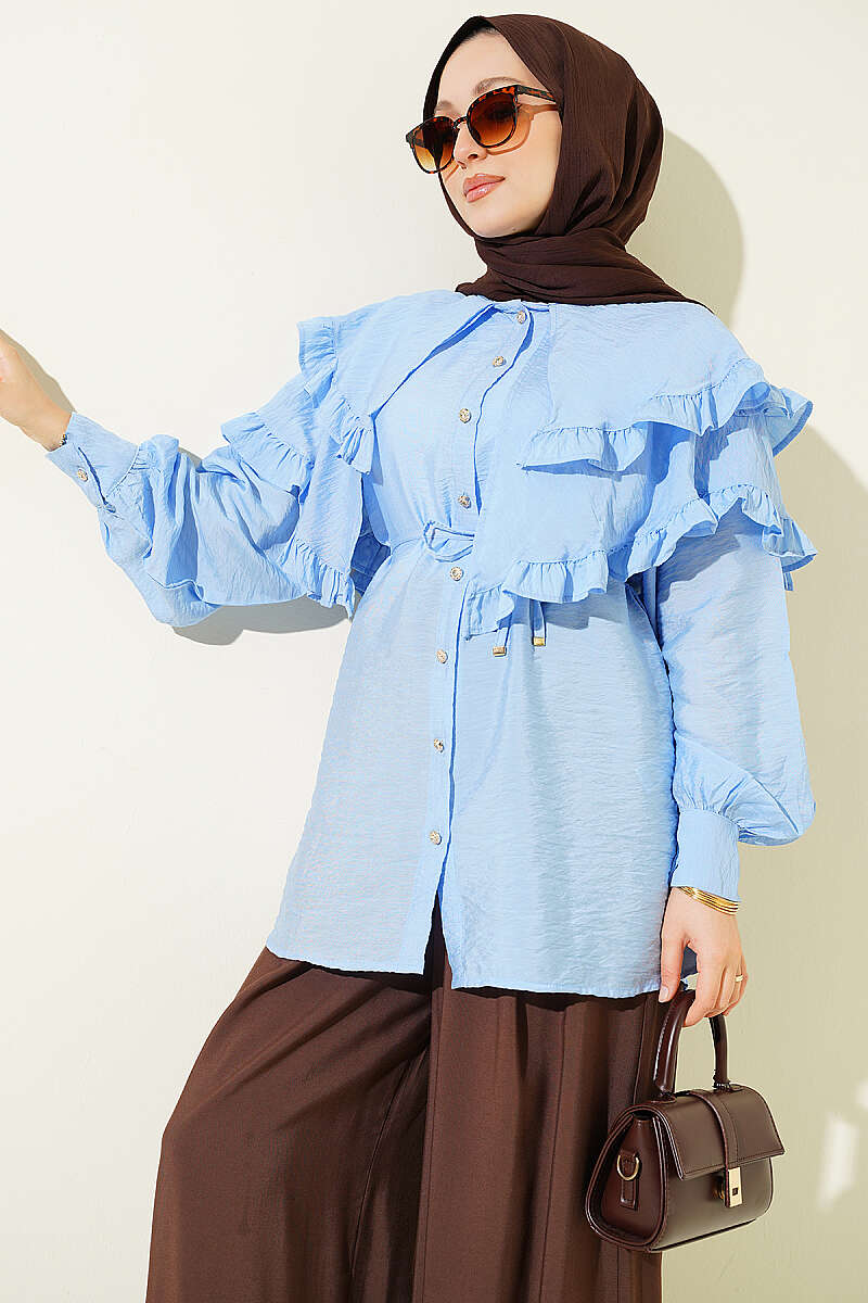 Double-Ruffle Sailor-Collar Shirt - Light Blue