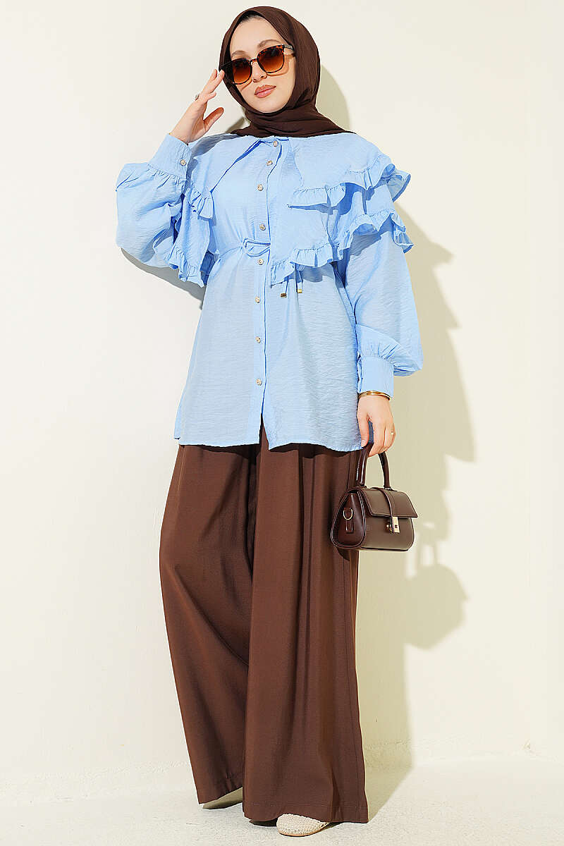 Double-Ruffle Sailor-Collar Shirt - Light Blue