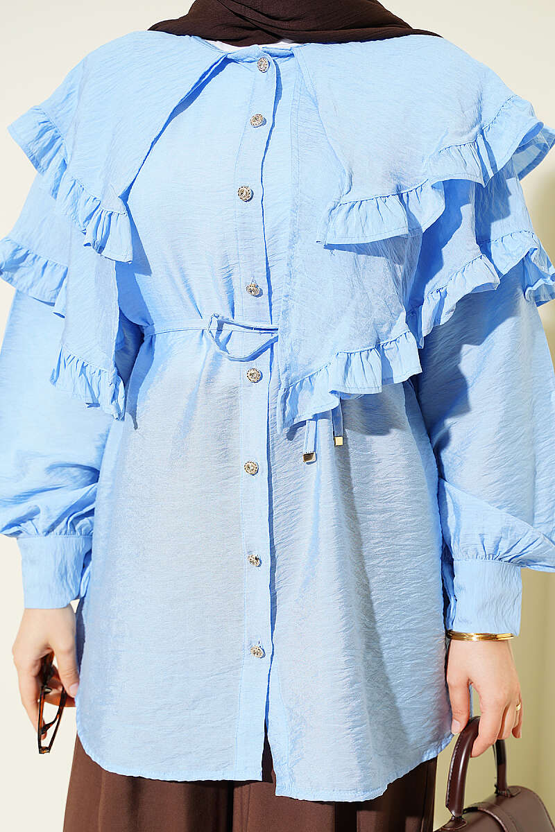 Double-Ruffle Sailor-Collar Shirt - Light Blue
