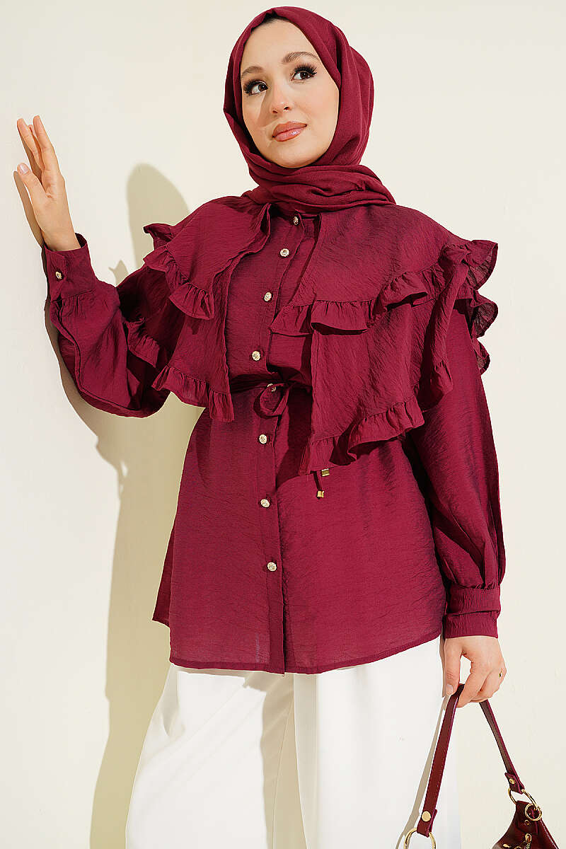 Double-Ruffle Sailor-Collar Shirt - Burgundy