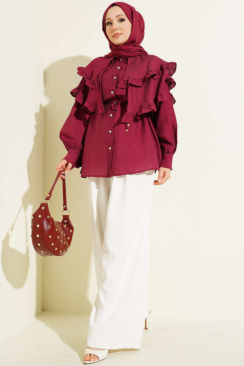 Double-Ruffle Sailor-Collar Shirt - Burgundy