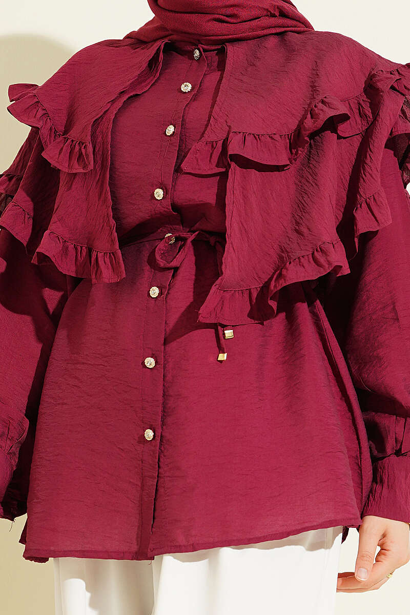 Double-Ruffle Sailor-Collar Shirt - Burgundy