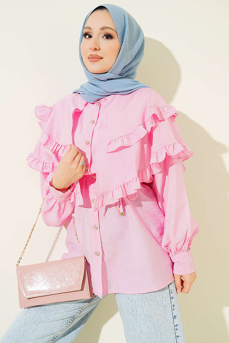 Double-Ruffle Sailor-Collar Shirt - Pink