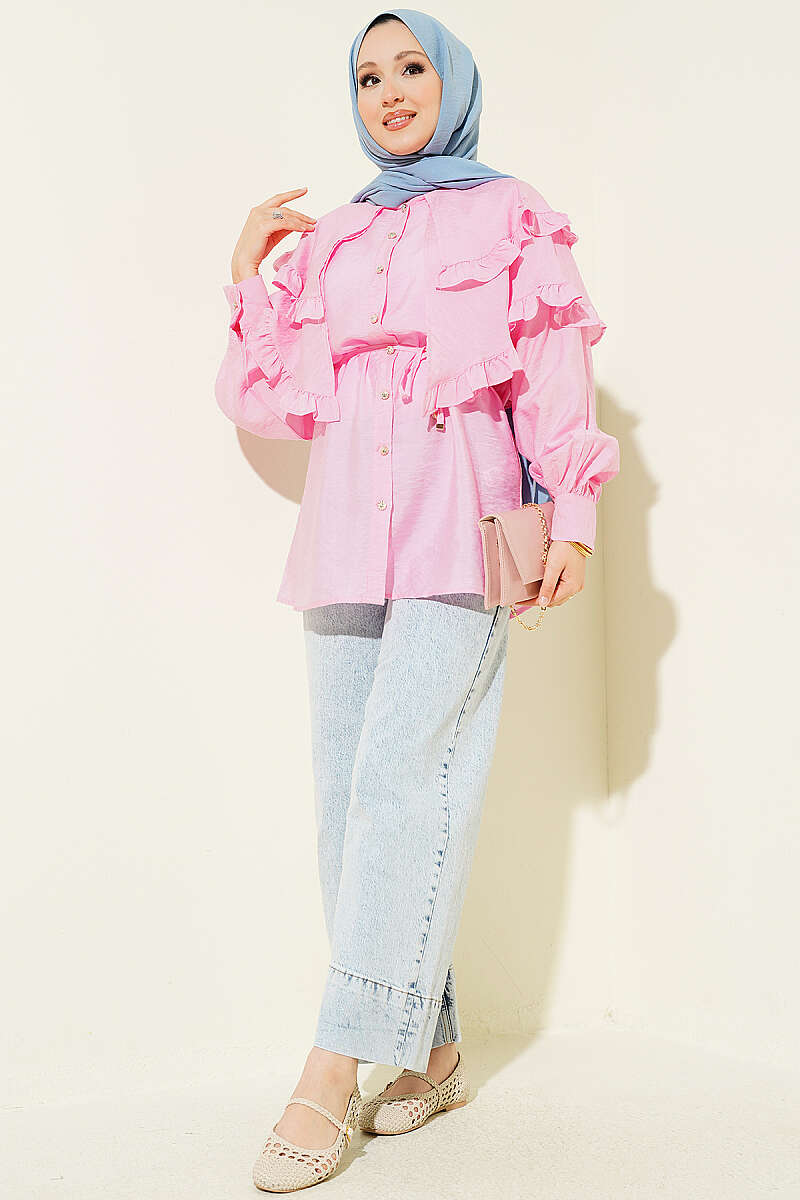 Double-Ruffle Sailor-Collar Shirt - Pink