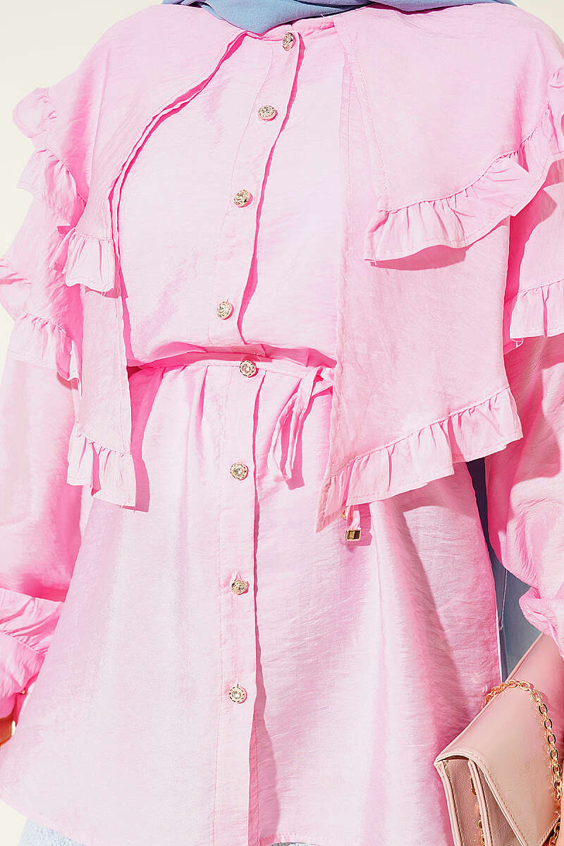 Double-Ruffle Sailor-Collar Shirt - Pink