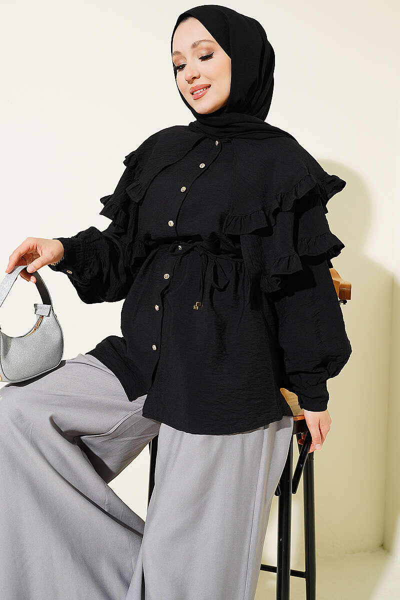 Double-Ruffle Sailor-Collar Shirt - Black