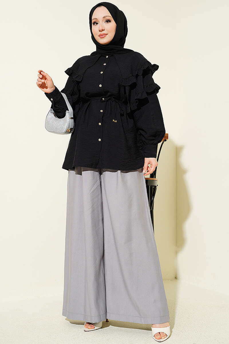 Double-Ruffle Sailor-Collar Shirt - Black