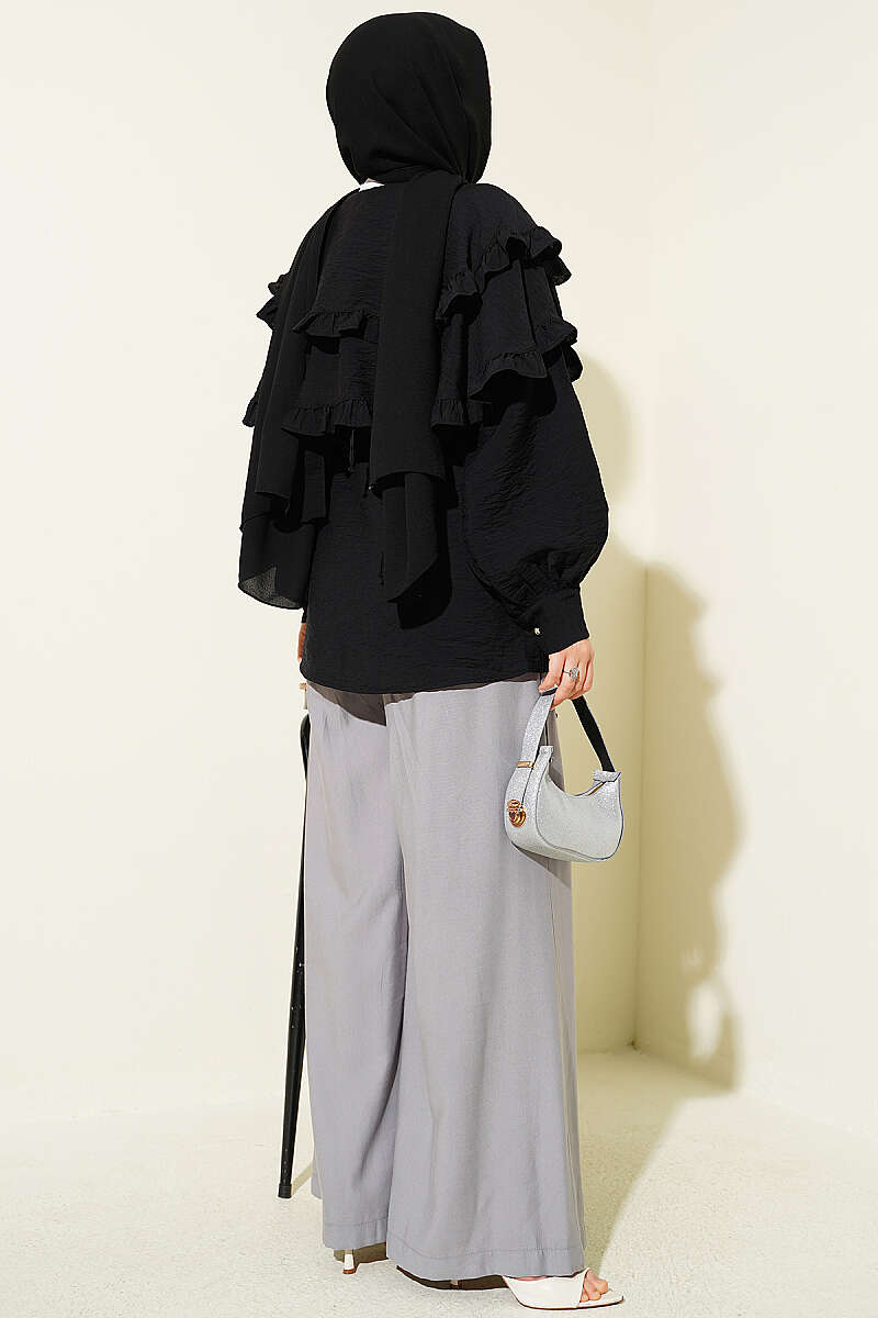 Double-Ruffle Sailor-Collar Shirt - Black