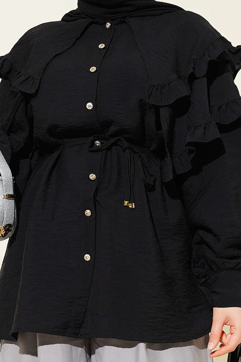 Double-Ruffle Sailor-Collar Shirt - Black