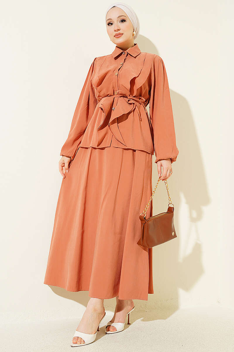 Modal Skirt Set with Double Ruffle and Cord Belt - Brick