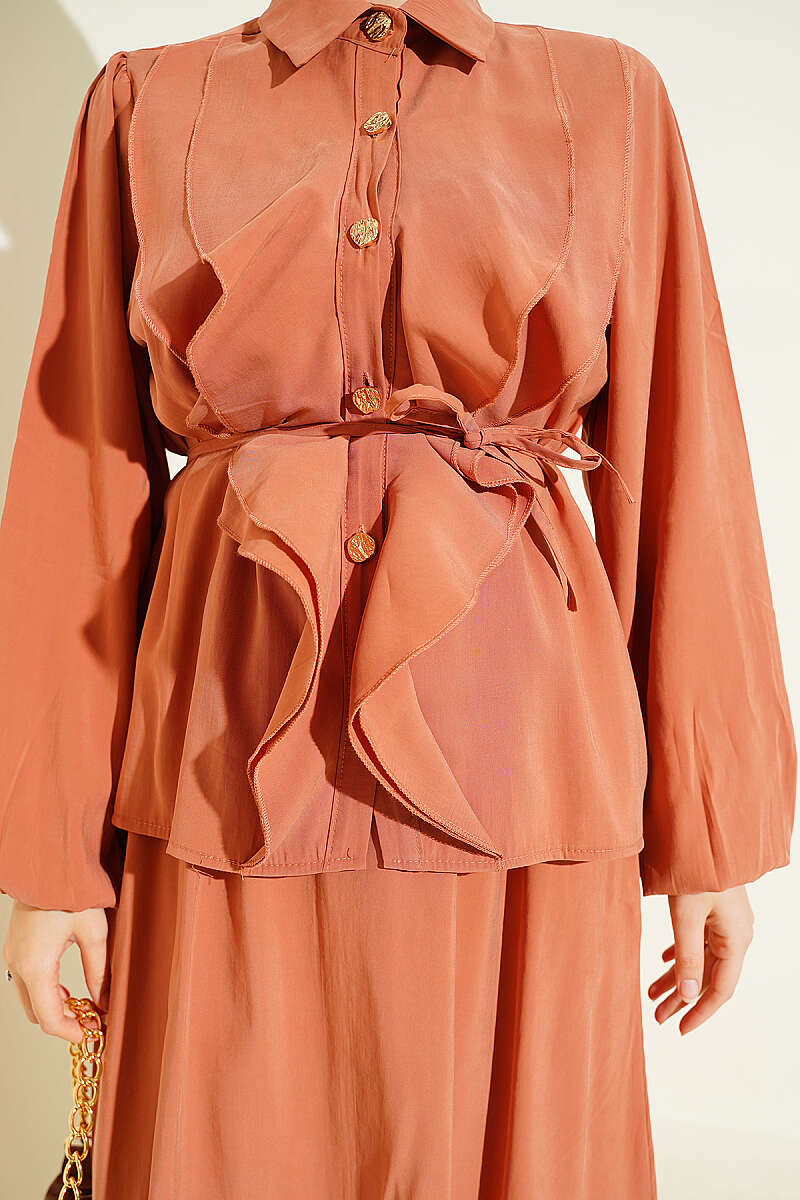Modal Skirt Set with Double Ruffle and Cord Belt - Brick