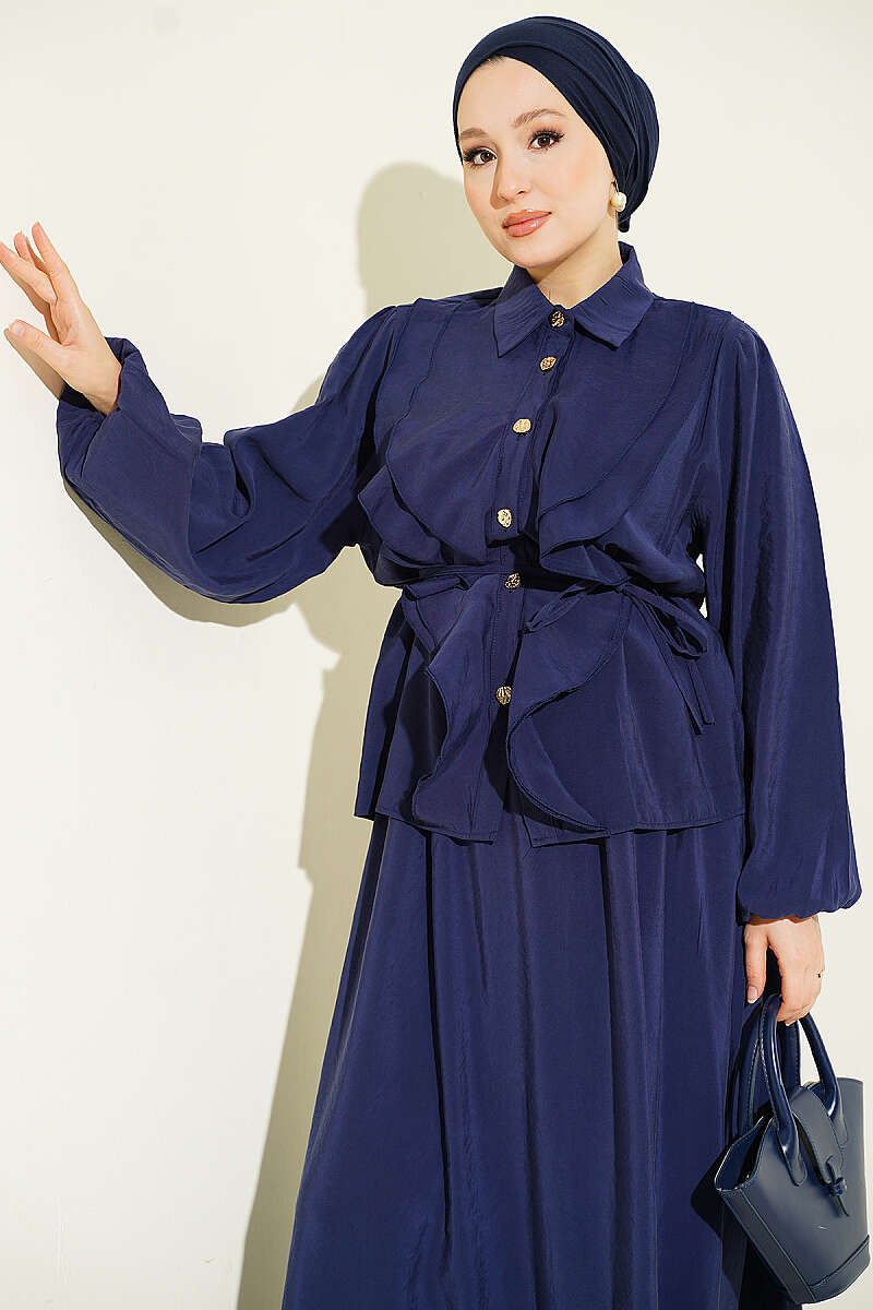 Modal Skirt Set with Double Ruffle and Cord Belt - Navy