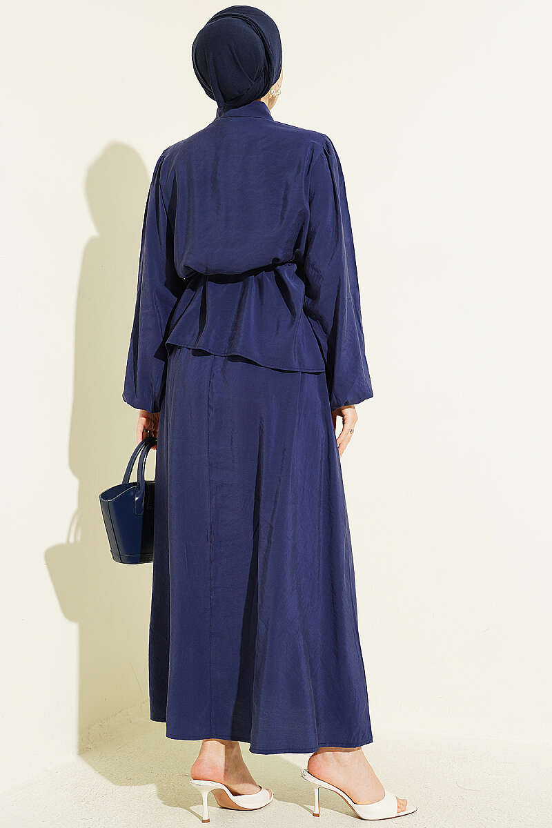 Modal Skirt Set with Double Ruffle and Cord Belt - Navy