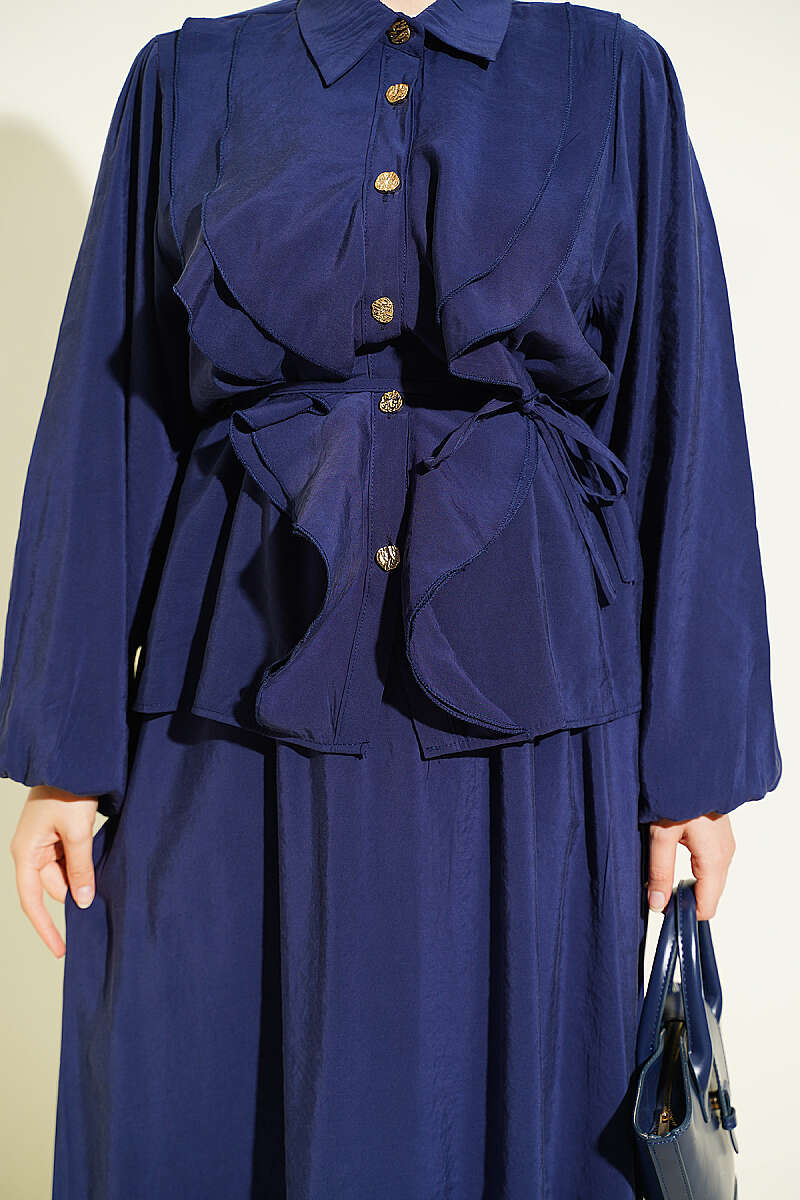 Modal Skirt Set with Double Ruffle and Cord Belt - Navy