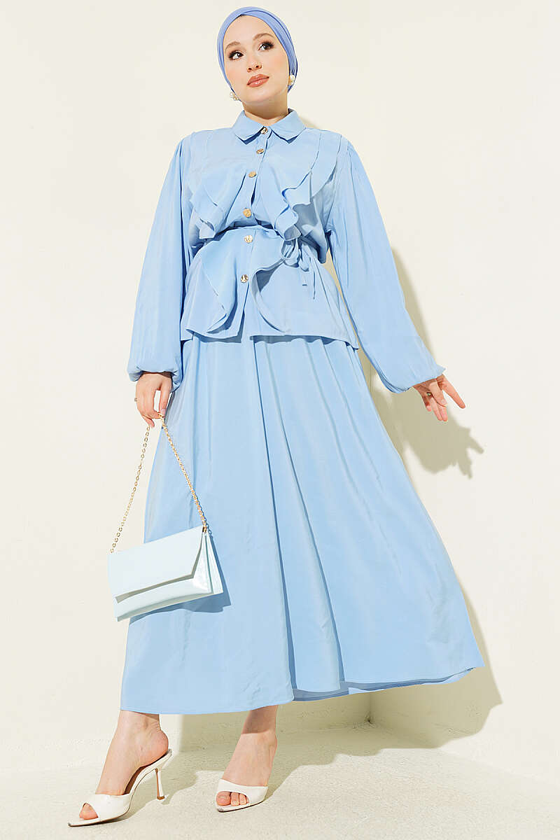 Modal Skirt Set with Double Ruffle and Cord Belt - Blue