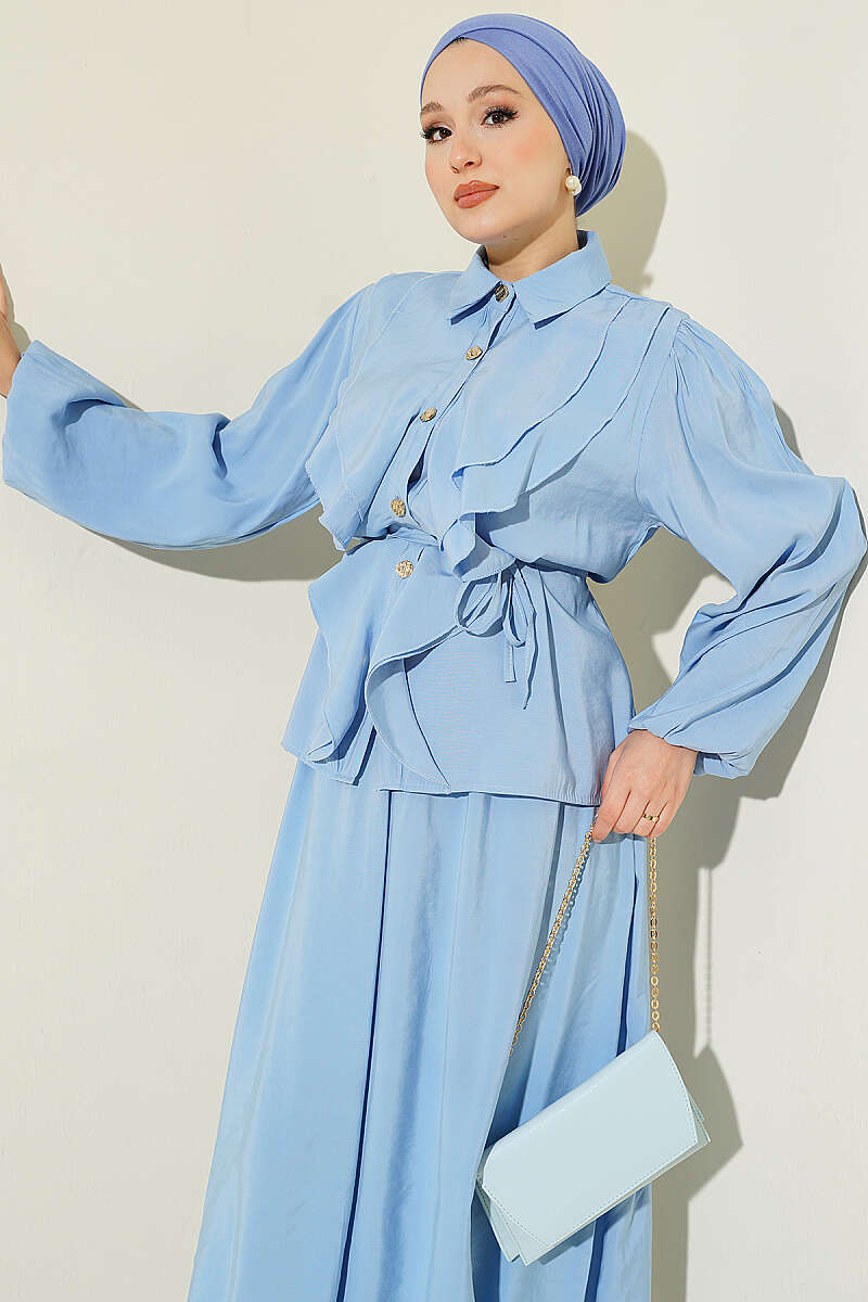 Modal Skirt Set with Double Ruffle and Cord Belt - Blue