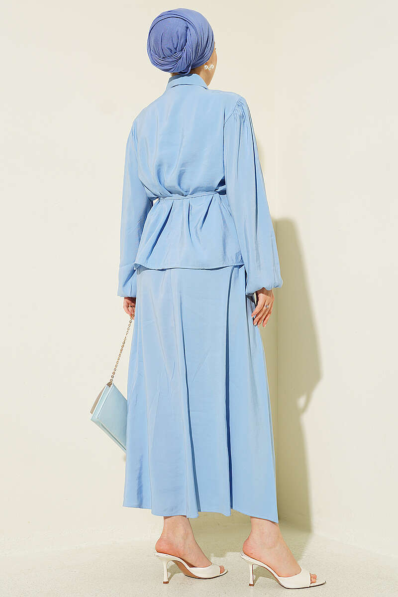 Modal Skirt Set with Double Ruffle and Cord Belt - Blue