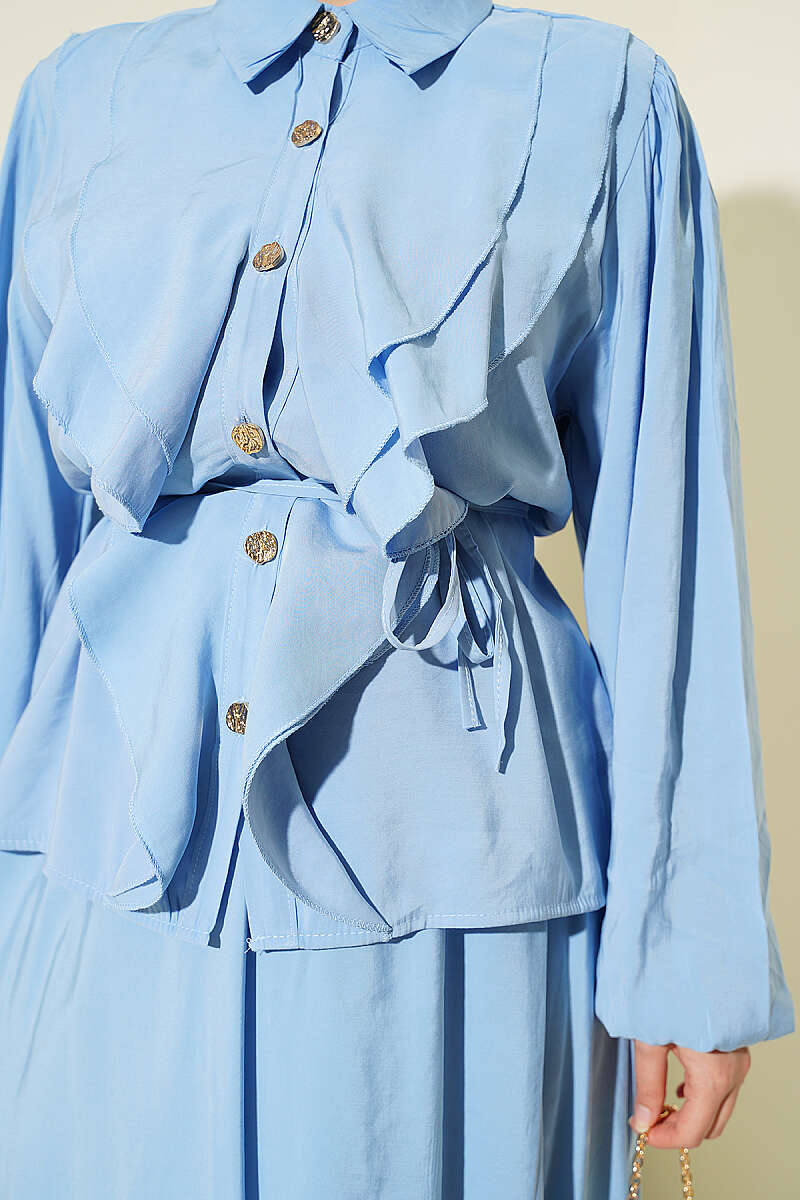 Modal Skirt Set with Double Ruffle and Cord Belt - Blue