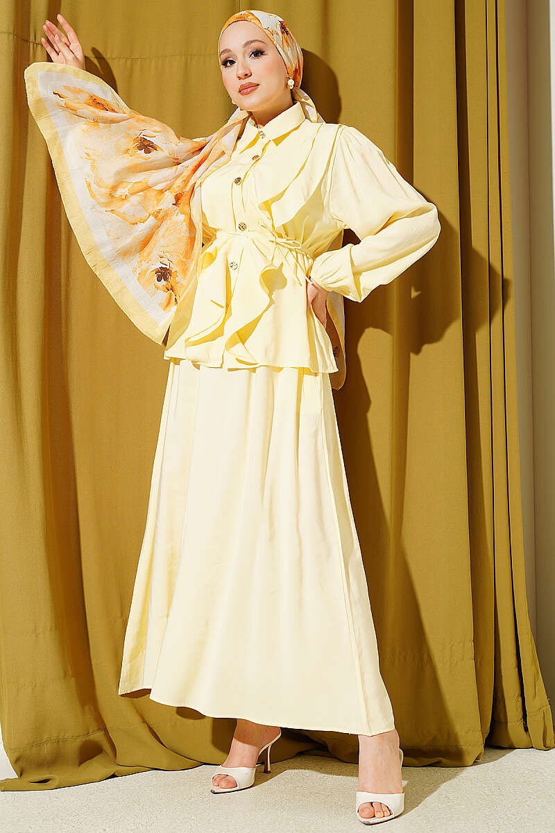 Modal Skirt Set with Double Ruffle and Cord Belt - Yellow