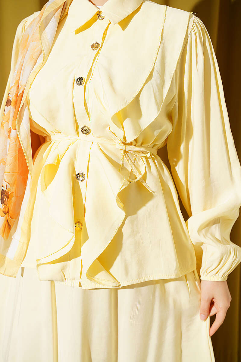 Modal Skirt Set with Double Ruffle and Cord Belt - Yellow