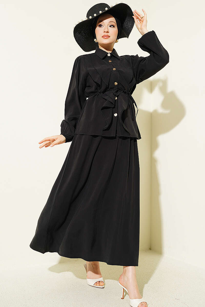 Modal Skirt Set with Double Ruffle and Cord Belt - Black
