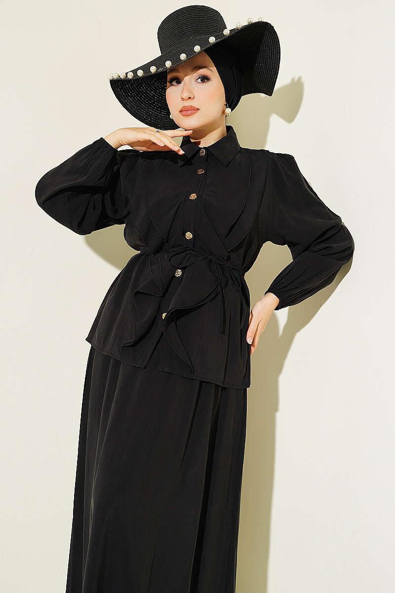 Modal Skirt Set with Double Ruffle and Cord Belt - Black