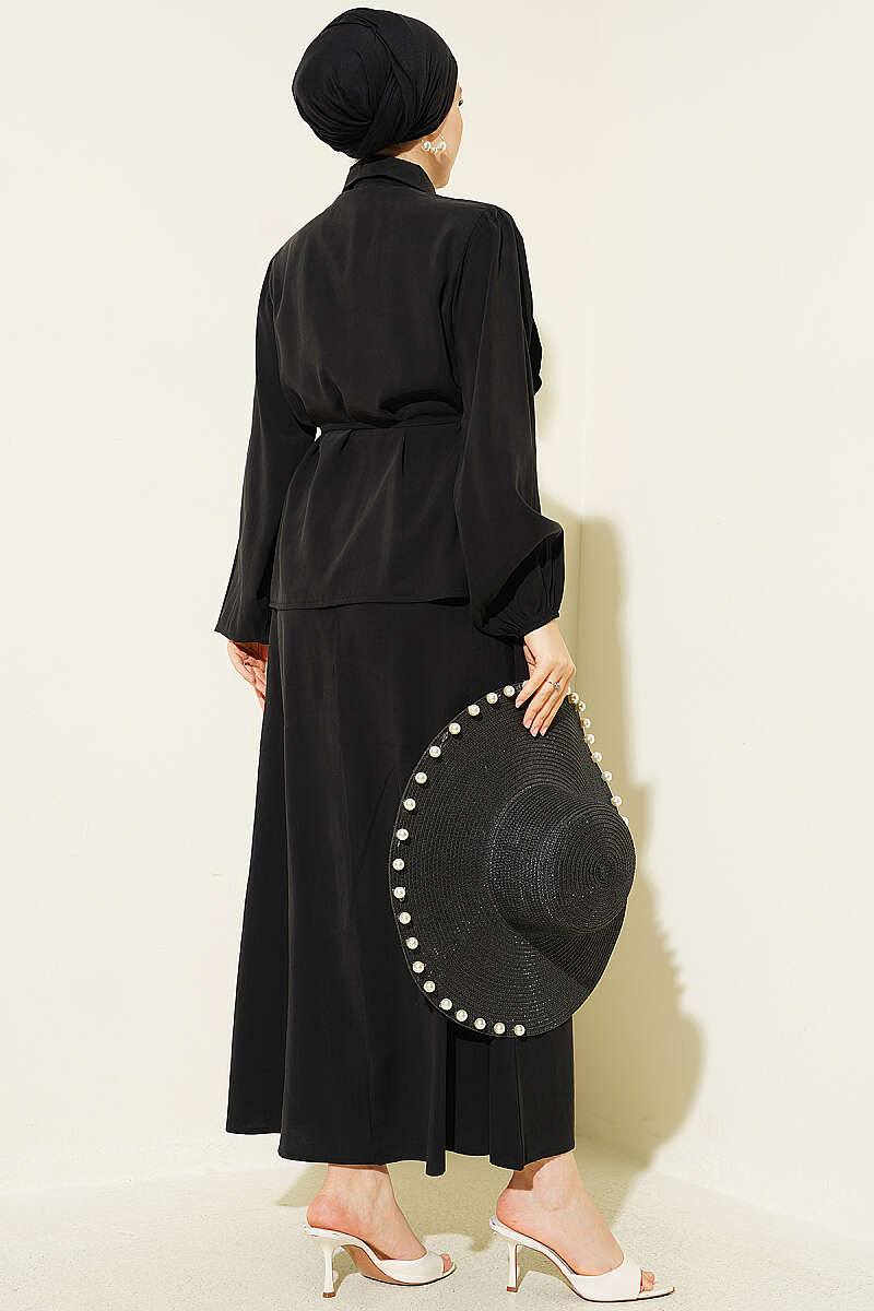 Modal Skirt Set with Double Ruffle and Cord Belt - Black