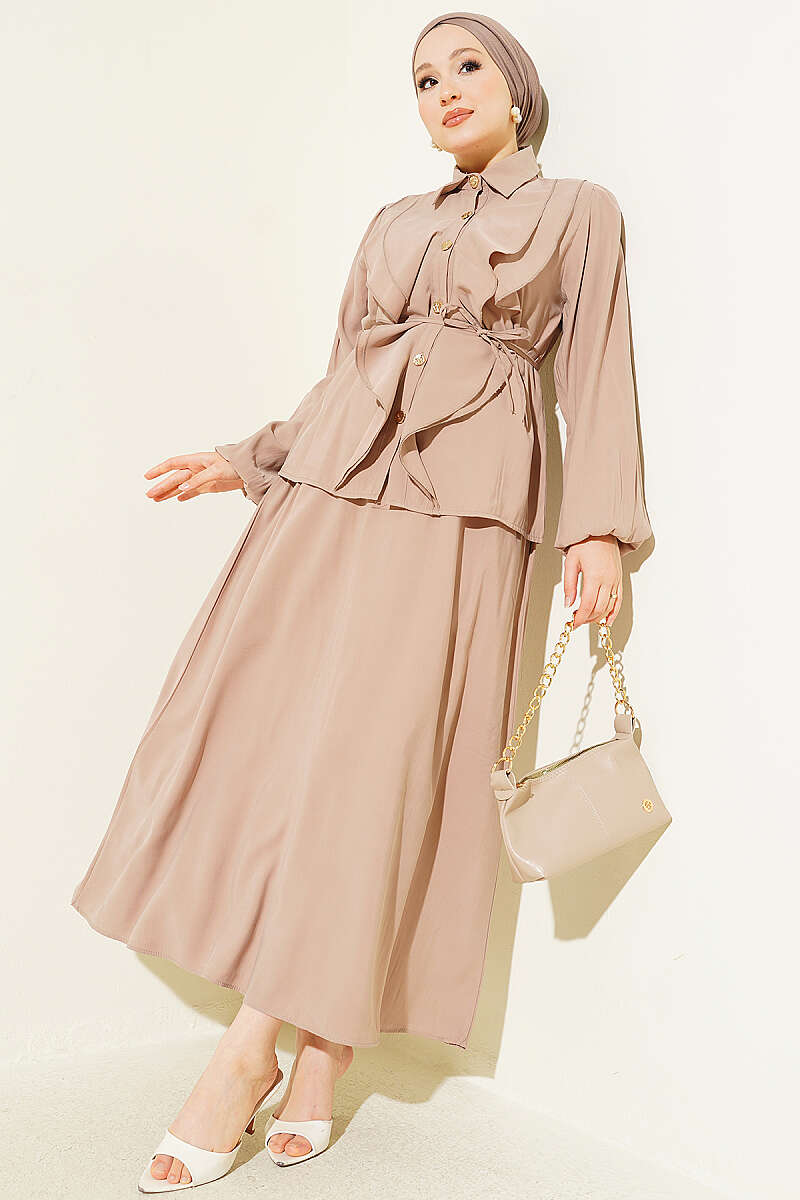 Modal Skirt Set with Double Ruffle and Cord Belt - Mink
