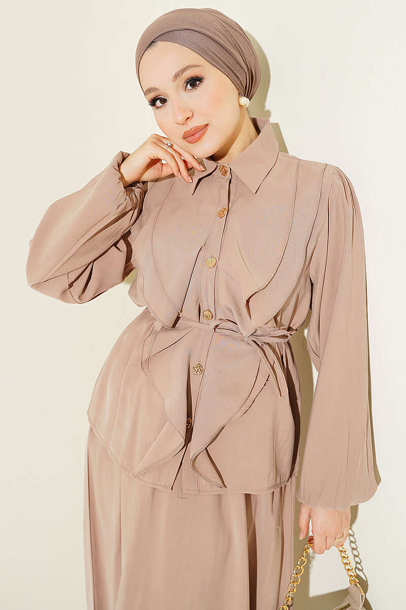 Modal Skirt Set with Double Ruffle and Cord Belt - Mink