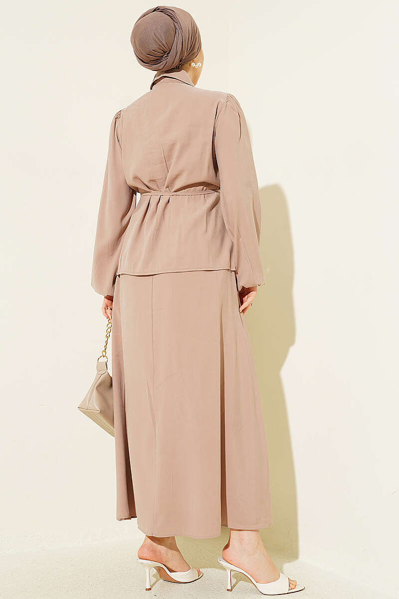 Modal Skirt Set with Double Ruffle and Cord Belt - Mink