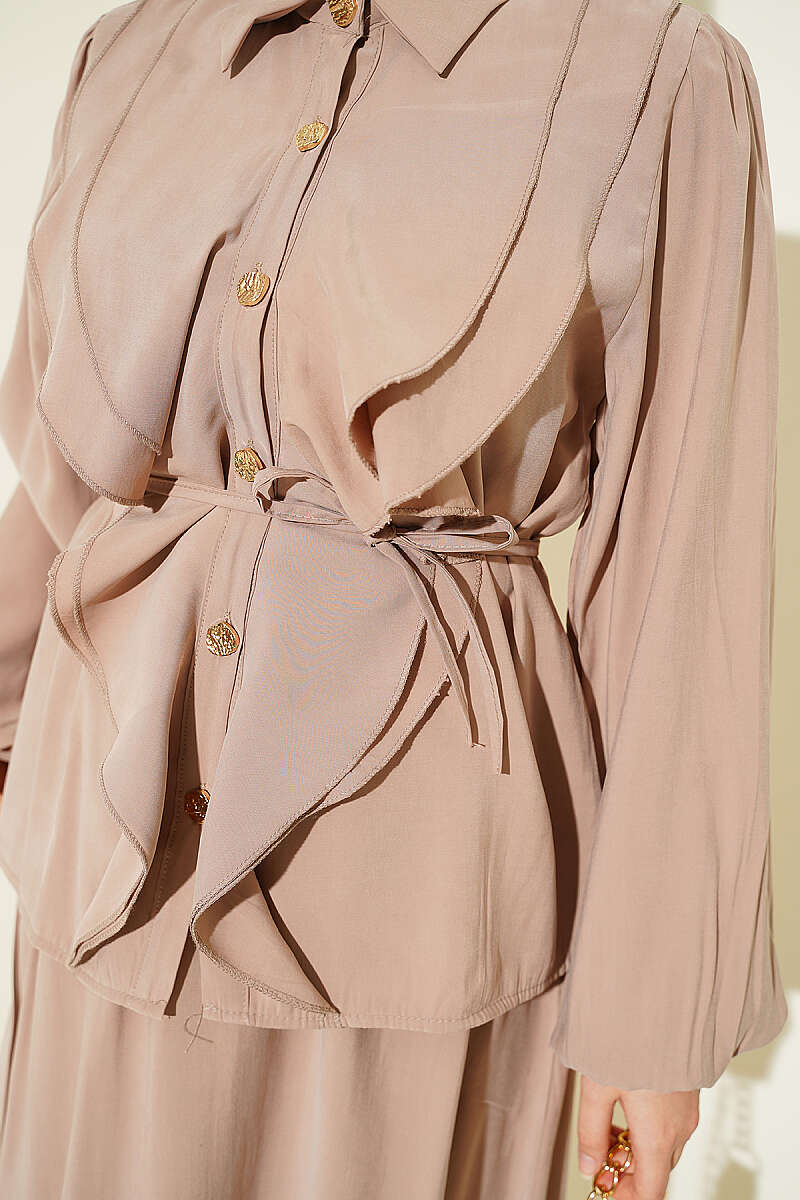 Modal Skirt Set with Double Ruffle and Cord Belt - Mink