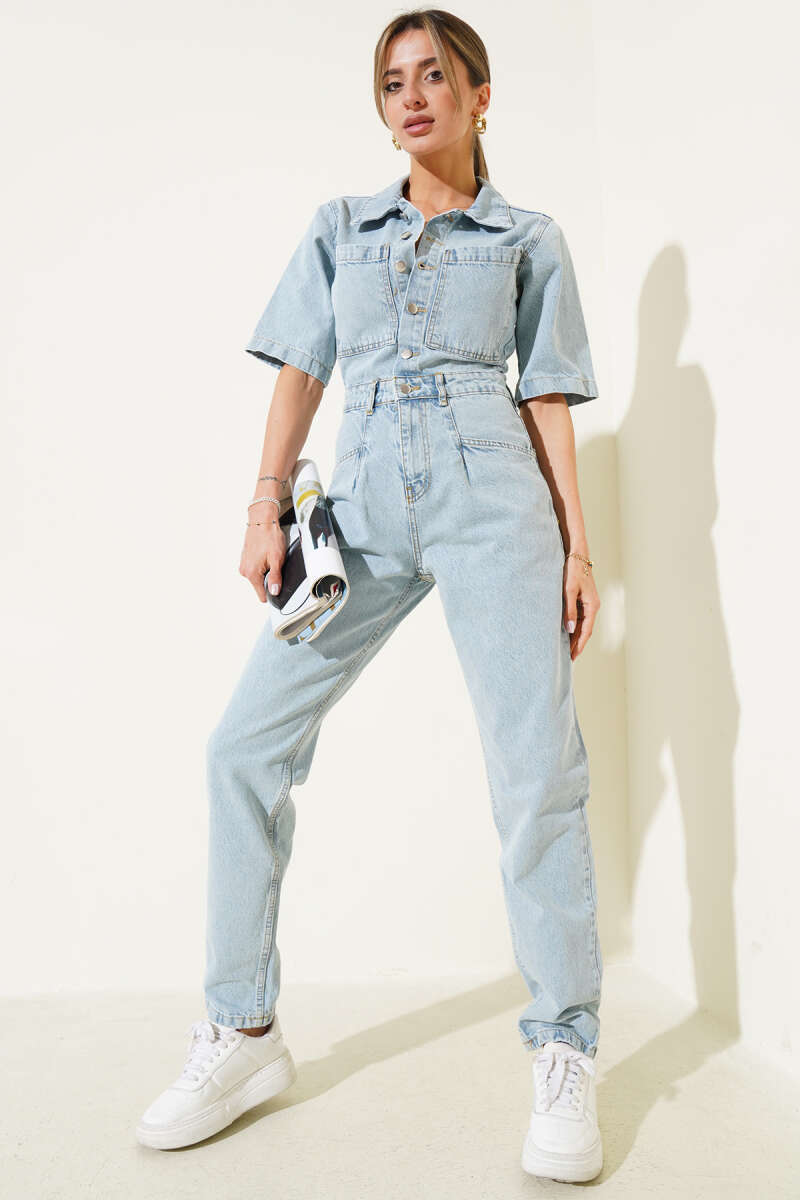Button Denim Jumpsuit with Two Chest Pockets - Ice Blue