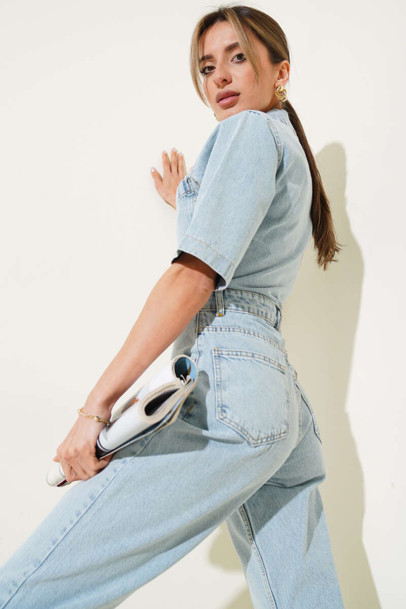 Button Denim Jumpsuit with Two Chest Pockets - Ice Blue
