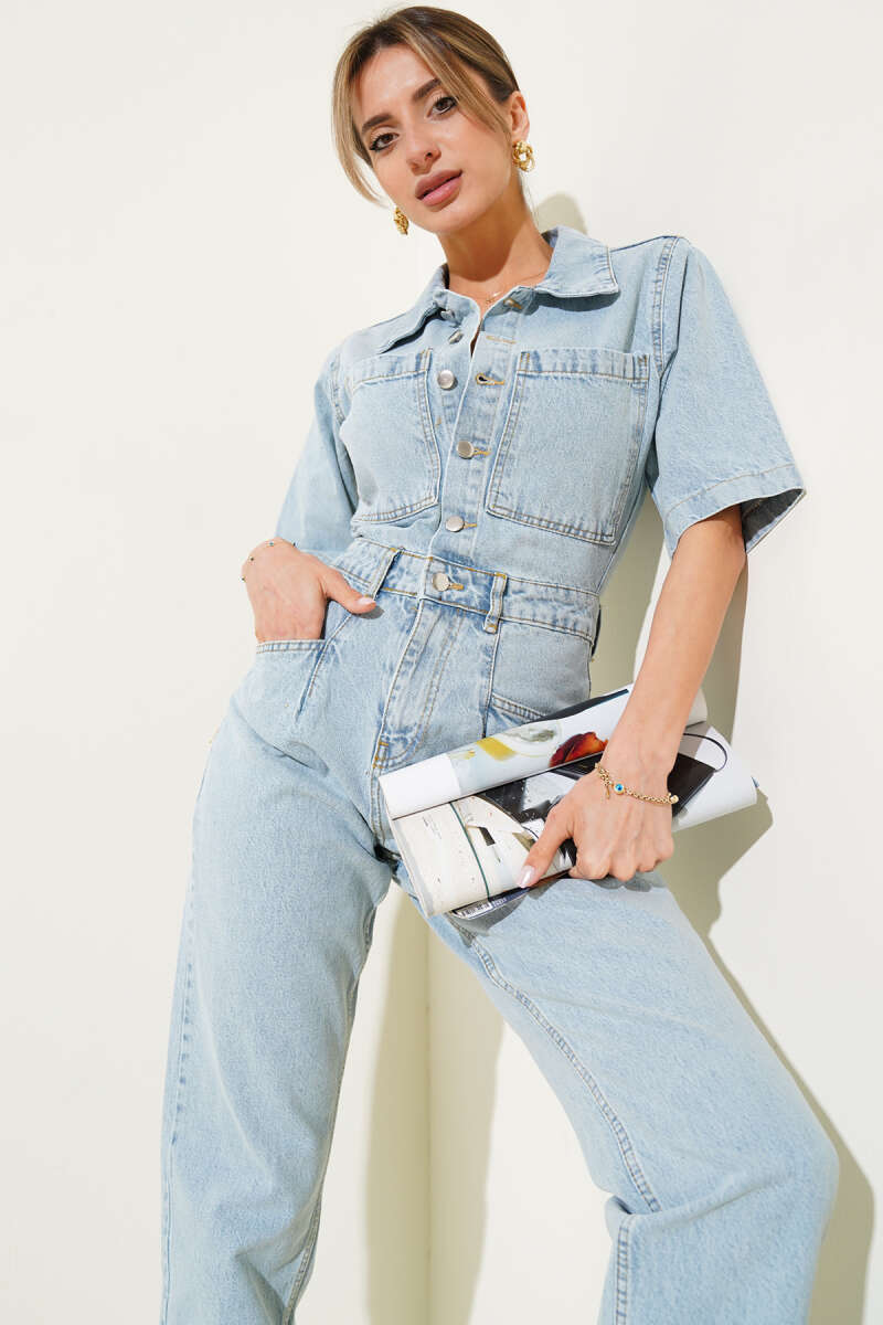 Button Denim Jumpsuit with Two Chest Pockets - Ice Blue