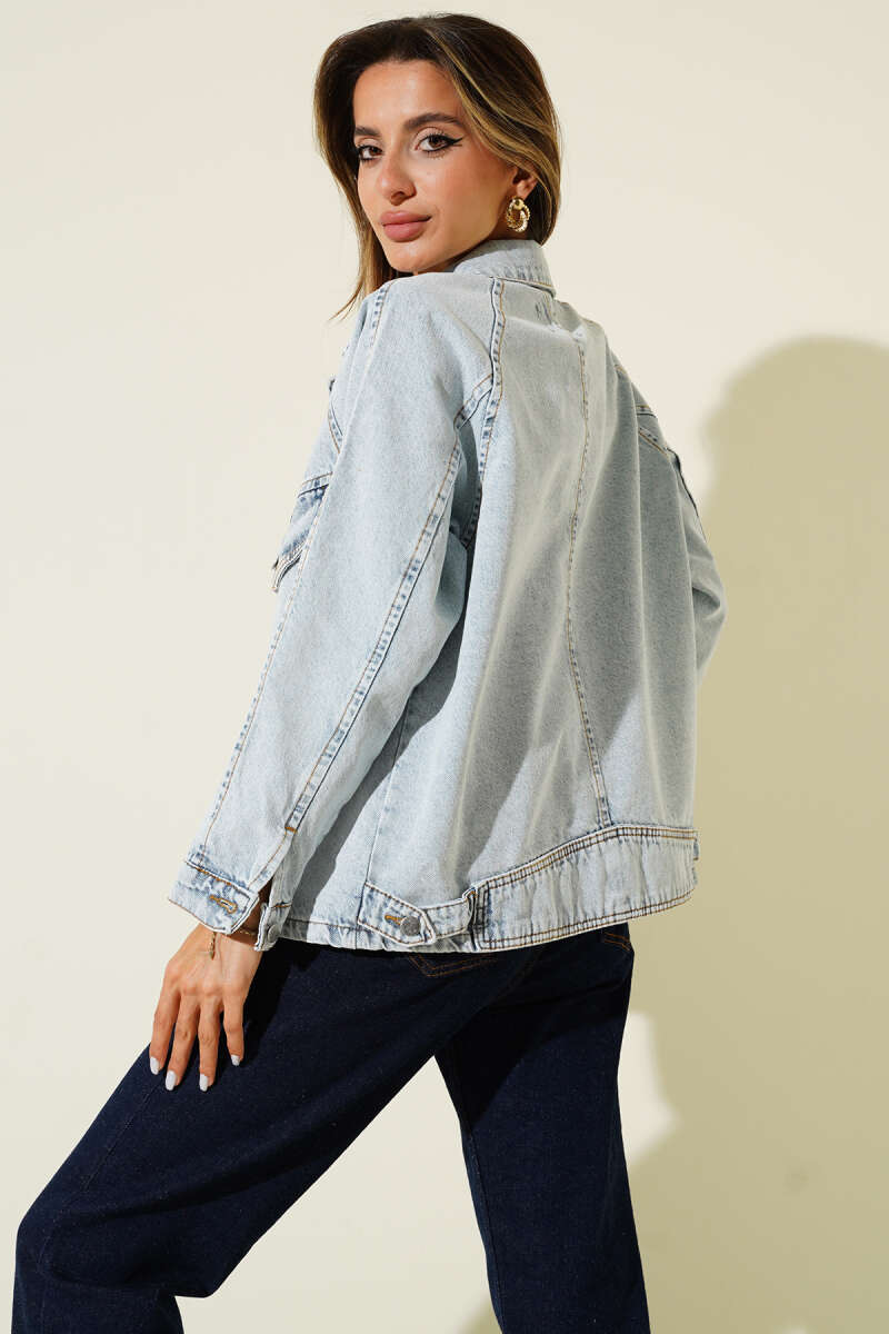 Short Denim Jacket with Two Chest Pockets and Metal Buttons - Ice Blue