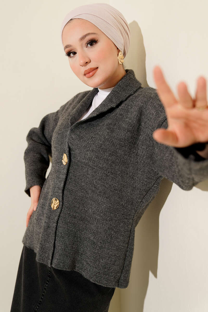 Short Knit Cardigan with Double Gold Buttons - Smoke Grey