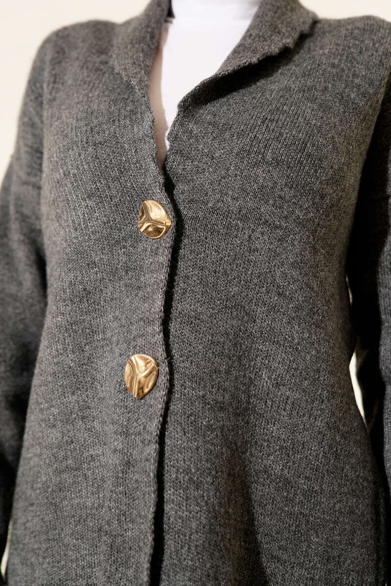 Short Knit Cardigan with Double Gold Buttons - Smoke Grey
