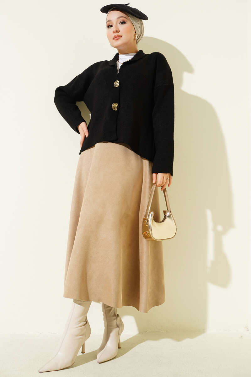 Short Knit Cardigan with Double Gold Buttons - Black