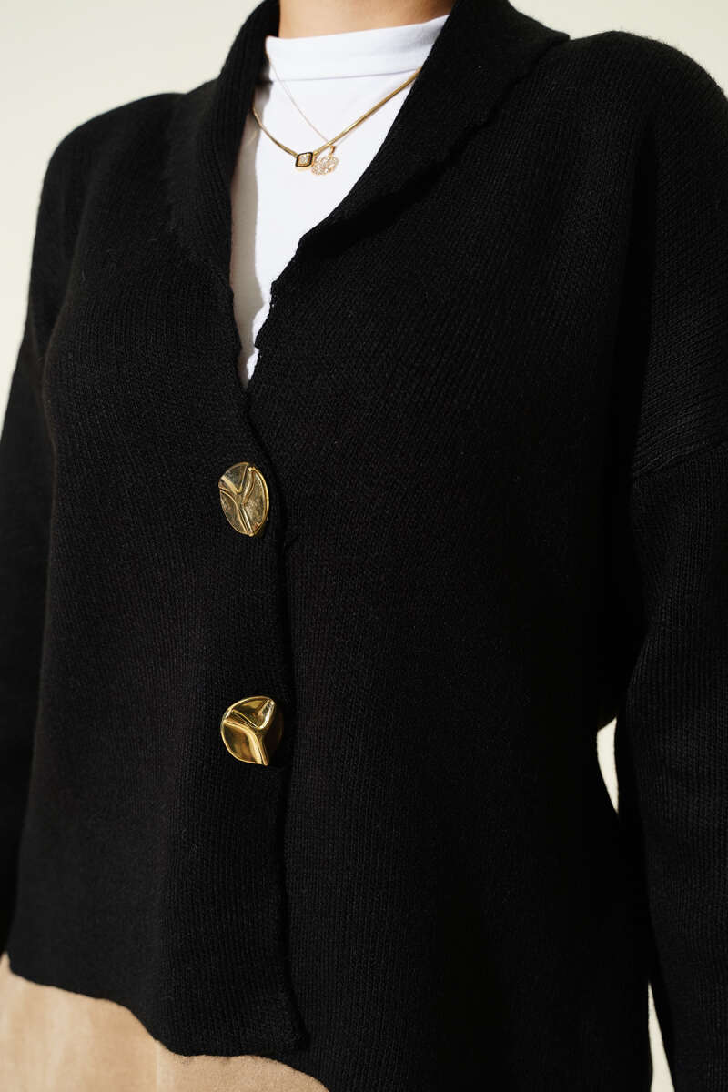 Short Knit Cardigan with Double Gold Buttons - Black