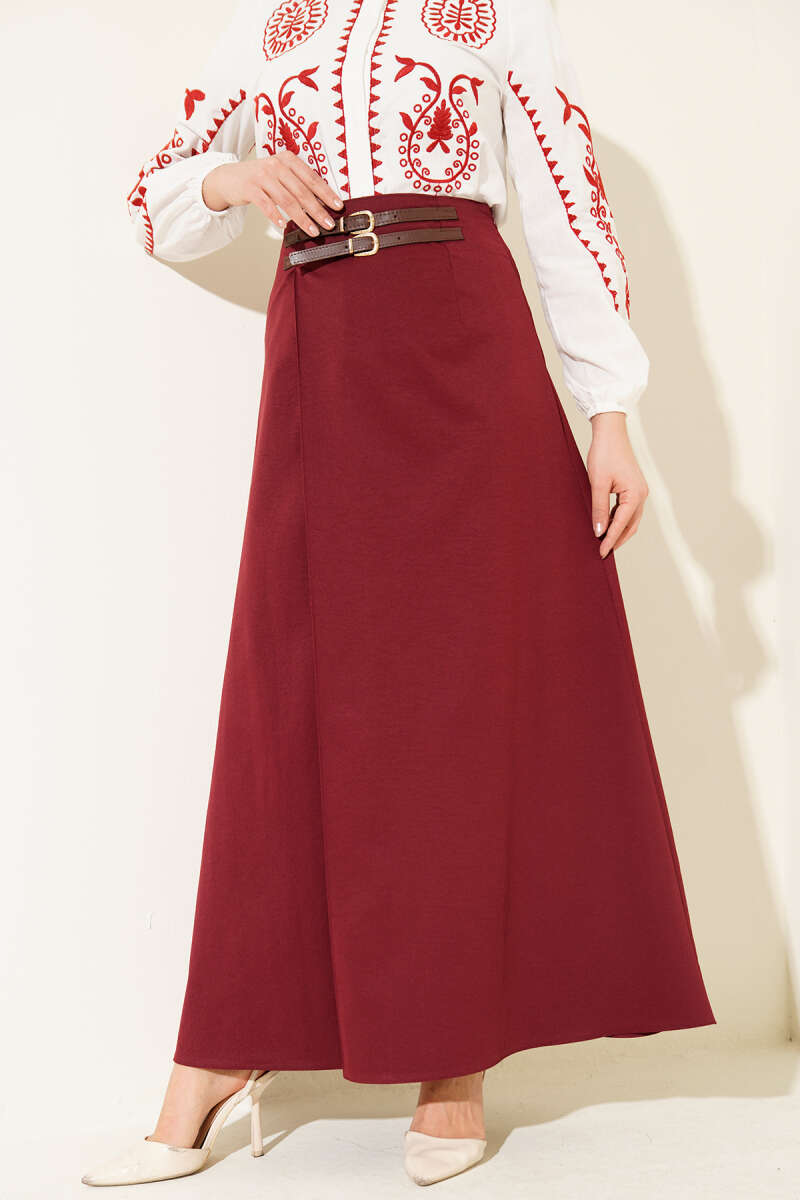 Skirt with Double-Belt Detail - Burgundy