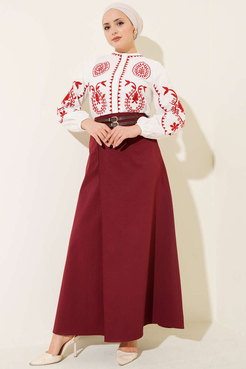 Skirt with Double-Belt Detail - Burgundy