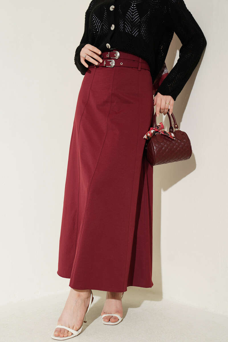 Double-Belt Skirt with Stitch Detail - Burgundy