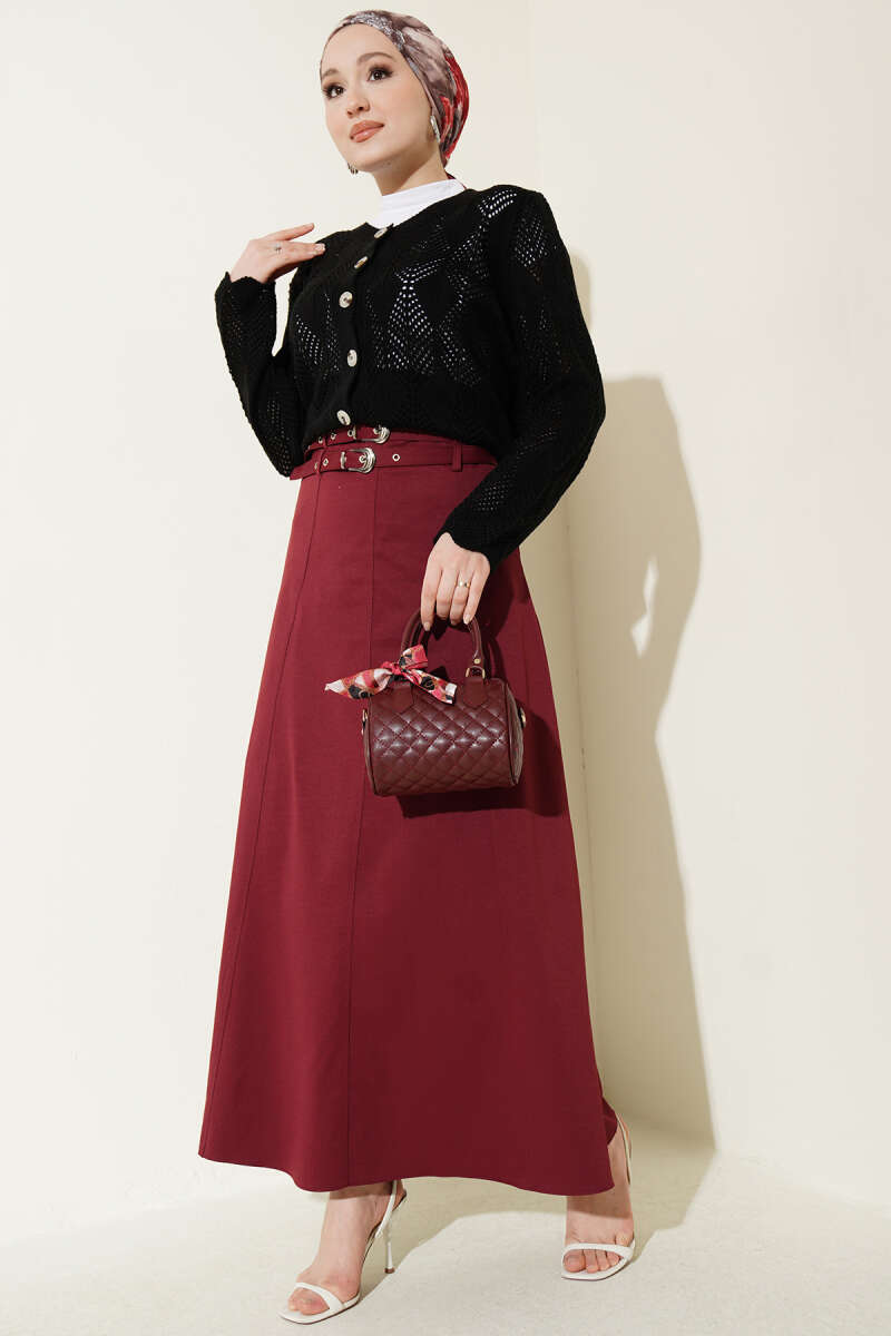 Double-Belt Skirt with Stitch Detail - Burgundy