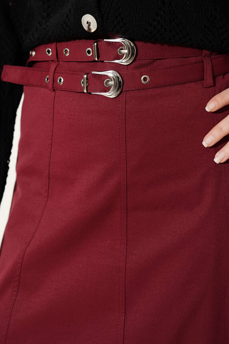 Double-Belt Skirt with Stitch Detail - Burgundy